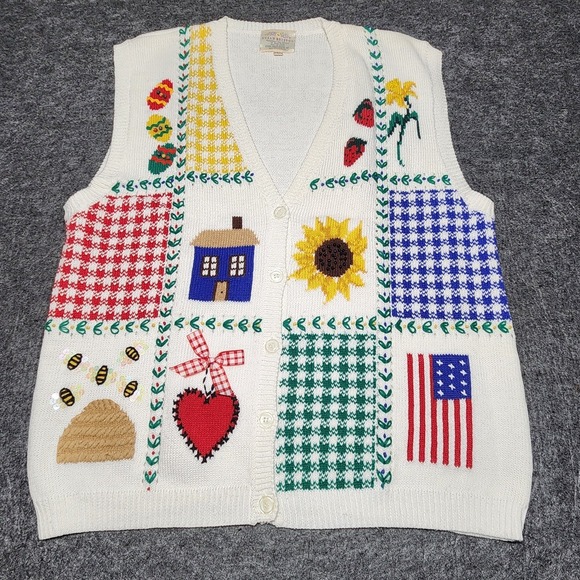 Susan Bristol Sweaters - Susan Bristol Vtg Cardigan Sweater Vest Country Gingham Summer Patriotic Large